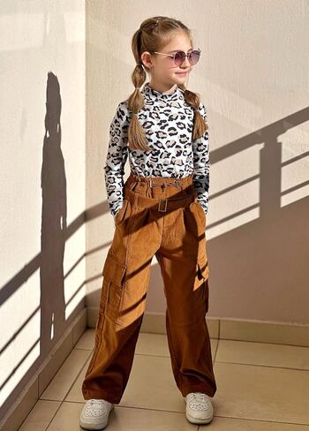 Rolanko Girls Corduroy Cargo Pants Wide Leg Cargo Trousers Streetwear Kids Pants Joggers with Pockets 4-15 Y in Saudi Arabia