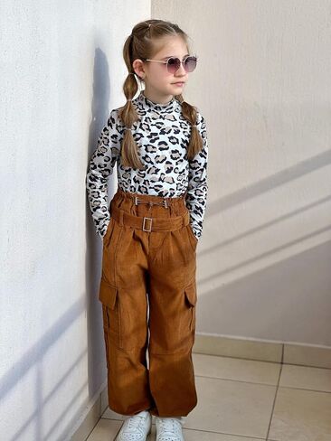 Rolanko Girls Corduroy Cargo Pants Wide Leg Cargo Trousers Streetwear Kids Pants Joggers with Pockets 4-15 Y in Saudi Arabia