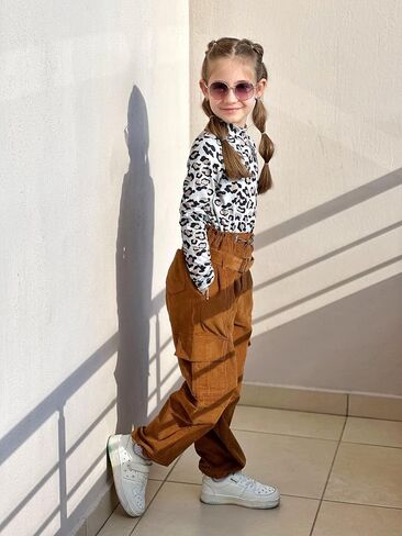 Rolanko Girls Corduroy Cargo Pants Wide Leg Cargo Trousers Streetwear Kids Pants Joggers with Pockets 4-15 Y in Saudi Arabia