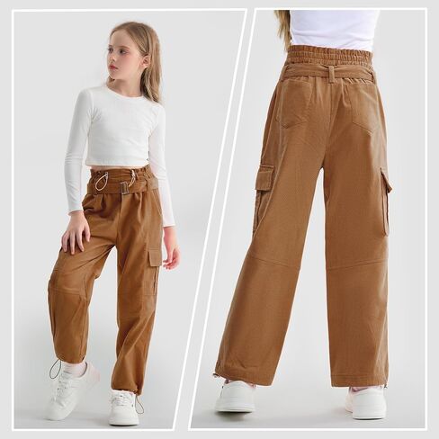 Rolanko Girls Corduroy Cargo Pants Wide Leg Cargo Trousers Streetwear Kids Pants Joggers with Pockets 4-15 Y in Saudi Arabia