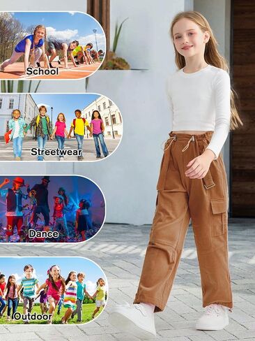 Rolanko Girls Corduroy Cargo Pants Wide Leg Cargo Trousers Streetwear Kids Pants Joggers with Pockets 4-15 Y in Saudi Arabia