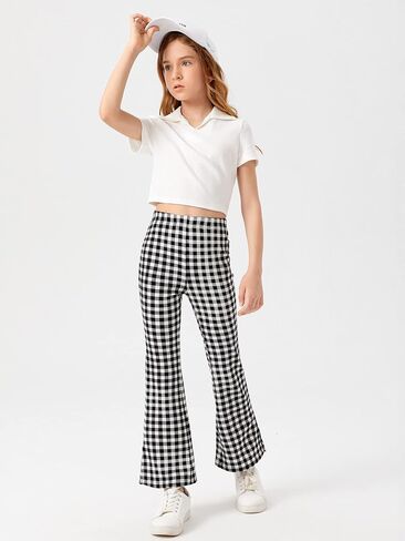 Milumia Girl's Plaid Split Hem Elastic High Waist Flare Pants Bell Bottom Trousers in Saudi Arabia