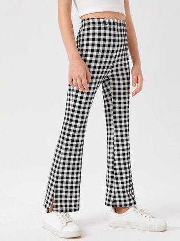 Milumia Girl's Plaid Split Hem Elastic High Waist Flare Pants Bell Bottom Trousers in Saudi Arabia