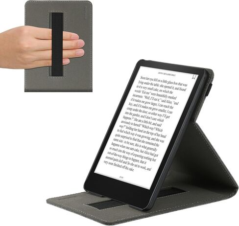 غطاء kwmobile لجهاز Amazon Kindle Paperwhite 11. Generation 2021 - حافظة قارئ إلكتروني من القماش مع حزام يد مدمج وحامل - رمادي in Saudi Arabia