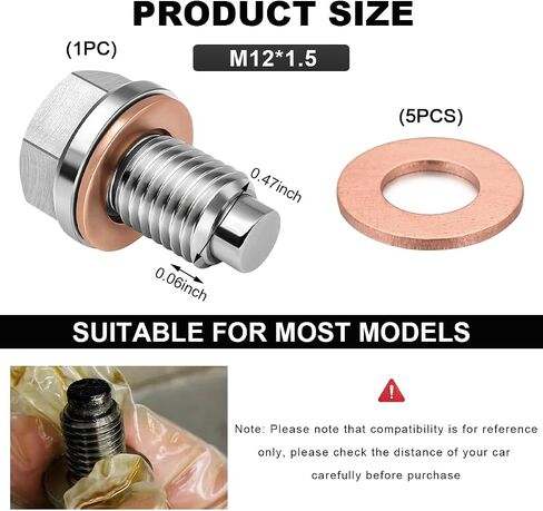 Magnetic Oil Drain Plug, Aluminum M12×1.5 Sump Drain Nut Bolt with 5 PCS Copper Crush Washer, Universal Oil Drain Plug Replacement for Most Cars Motorcycles, Car Accessories in Kuwait