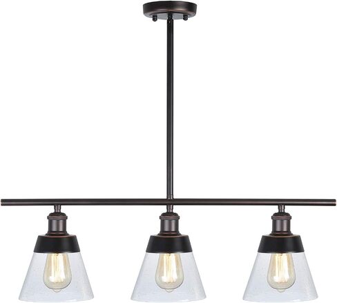 Rustic Glass Kitchen Island Lighting, Clear Seeded Glass Linear Chandelier, 3 Lights Adjustable Rod Industrial Pendant Light Fixture for Kitchen Island Dining Room Farmhouse, Oil Rubbed Bronze in Saudi Arabia