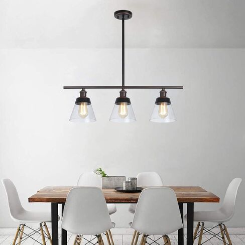 Rustic Glass Kitchen Island Lighting, Clear Seeded Glass Linear Chandelier, 3 Lights Adjustable Rod Industrial Pendant Light Fixture for Kitchen Island Dining Room Farmhouse, Oil Rubbed Bronze in Saudi Arabia
