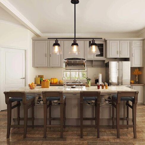 Rustic Glass Kitchen Island Lighting, Clear Seeded Glass Linear Chandelier, 3 Lights Adjustable Rod Industrial Pendant Light Fixture for Kitchen Island Dining Room Farmhouse, Oil Rubbed Bronze in Saudi Arabia