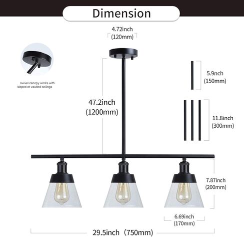 إضاءة جزيرة المطبخ الزجاجية الريفية، ثريا خطية من الزجاج الشفاف، 3 أضواء قابلة للتعديل قضيب صناعي قلادة إضاءة للمطبخ في غرفة الطعام في المزرعة، برونز مطلي بالزيت in Kuwait