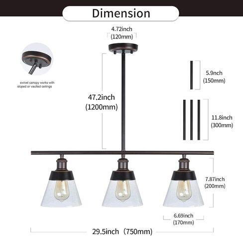 Rustic Glass Kitchen Island Lighting, Clear Seeded Glass Linear Chandelier, 3 Lights Adjustable Rod Industrial Pendant Light Fixture for Kitchen Island Dining Room Farmhouse, Oil Rubbed Bronze in Saudi Arabia
