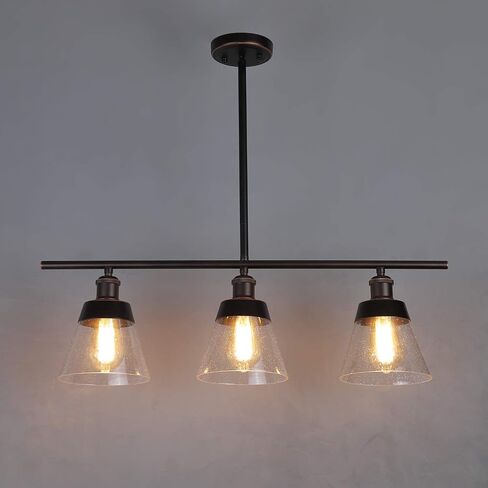 Rustic Glass Kitchen Island Lighting, Clear Seeded Glass Linear Chandelier, 3 Lights Adjustable Rod Industrial Pendant Light Fixture for Kitchen Island Dining Room Farmhouse, Oil Rubbed Bronze in Saudi Arabia
