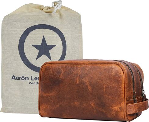 Aaron Leather Goods Leather Toiletry Bag for Men and Women Brown 10.5 Inch (Caramel) in Saudi Arabia