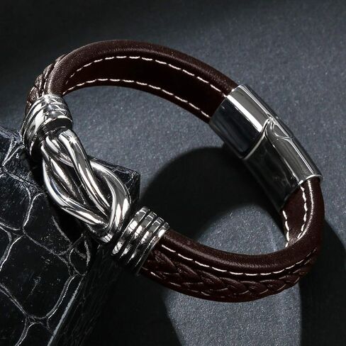 Mens Leather Bracelet,Braided Leather Wristband Cuff Bracelets Stainless Steel Clasp,Jewellery Gift for Men in Saudi Arabia
