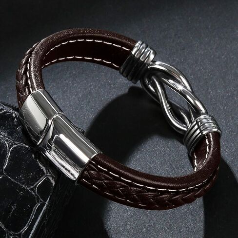 Mens Leather Bracelet,Braided Leather Wristband Cuff Bracelets Stainless Steel Clasp,Jewellery Gift for Men in Saudi Arabia