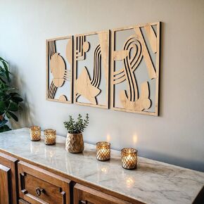 qmmp Modern Wooden Wall Sculptures - Set of 3 - MDF - Oak - Home Decor Accent - Large Wall Art for Living Room, Bedroom, Office - Easy Installation (Walnut, Medium - Mountain and Sun, Unframed)