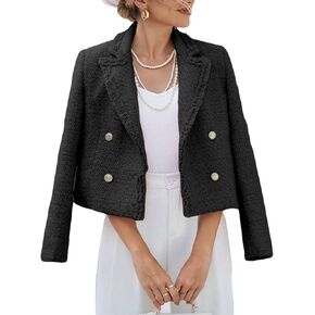 Women's 2024 Fall Winter Tweed Blazer Fashion Elegant Casual Double-Breasted Open Front Office Solid Jacket Pockets