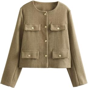 Wyeysyt Womens Collarless Tweed Jackets Button Down Crop Blazer Jacket Business Outfits with Pockets