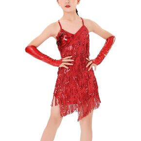 SEAUR Girls Sequin Tassel Dress Latin Ballroom Dance Dress Sleeveless Jazz Tango Rumba Samba Dress Kid Fringe Dress Dancewear