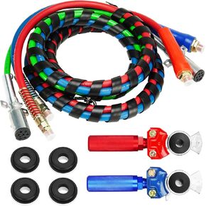12 Feet 3 in 1 Trailer Air Line Hose Wrap Assembly with Gladhands Handle Grips 7 Way Electrical Cable ABS & Power Air Line for Semi Truck Trailer Tractor