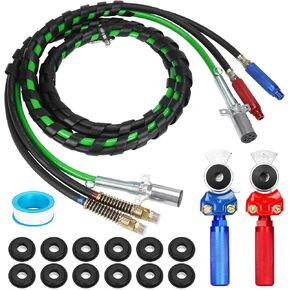 12FT Air Lines for Tractor Trailer Semi Truck, 7 Way Air Hose for Semi Truck 3 in 1 ABS & Power Airlines Hose Wrap Electrical Cable with Gladhands Teflon Tape