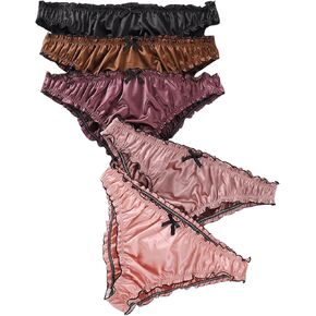 GORGLITTER Women's 5 Pack Bow Satin Panties Ruffle Underwear Frilly Low Rise G-String Thongs