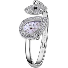 SAGA Angel's Eye Women's Luxury Cuff Bracelet Watch, Swiss Ronda Quartz Movement, Teardrop-Shaped Dial, 30M Water Resistant, 316L Stainless Steel Bracelet with 129 Danube Crystals