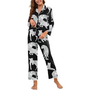Brosloth Womens Silk Pajamas Long Sleeve Button Down Animal Print Cute Pjs Set Satin Pajama Set Sleepwear