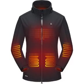 DEWBU Soft Shell Heated Jacket for Women with 12V Battery Pack and Detachable Hood Outdoor Electric Heating Coat