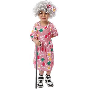 Pudcoco 100 Days of School Costume for Kids Girls Old Lady Granny Dress 100th Year Grandma Dress up Cosplay Accessories