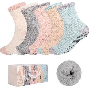 Bulinlulu Fuzzy Socks With Grips for Women 5-Pairs Non Slip Sleep Warm Fluffy Slipper Socks with Grippers for women