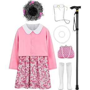 Old Lady Costume for Kids 100 Days of School Costume Granny Old Lady Wig Dress Up Accessory Old Lady Costume for Girls