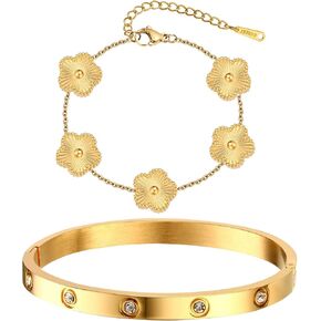 Womens Stackable Gold Bracelets Jewelry - 18K Gold Plated Floral Bracelets,Bangle Bracelets Non Tarnish, Gold Cubic Zirconia Bracelet Set Trendy Gift,Christmas Valentines Birthday Gifts for Girlfriend
