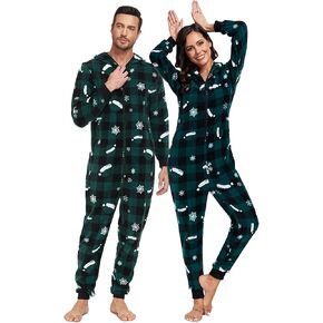 COLORFULLEAF Couples Matching Christmas Pajamas Sets Hooded Fleece Zipper Plaid Pjs Set Union Suits Soft Warm Jumpsuit