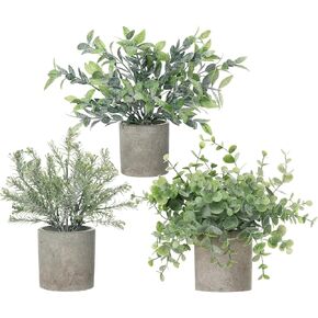 Fake Plants 3 Pack Fake Mini Potted Plants Artificial Eucalyptus Faux Green Plants for Living Room Office Desk Coffee Room Kitchen Farmhouse Decor