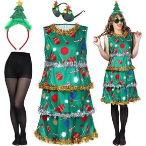Liitrsh 4 Pcs Christmas Tree Costumes for Women Christmas Tree Dress Christmas Tree Outfit Adult Black Skinny Leggings Headband Glasses for Christmas Party Accessories