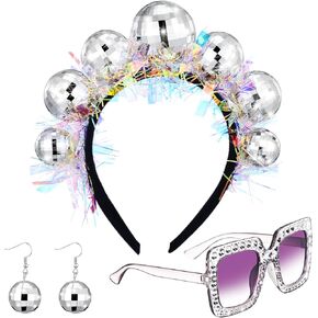 Censen 4 Pcs 70s Disco Accessories Set Disco Ball Headband Earrings and Sunglasses and for Women Disco Party Costume Accessories Set for Women Festival Accessories Silver