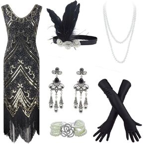 20s Flapper Gatsby Sequin Beaded Evening Cocktail Dress with Accessories Set