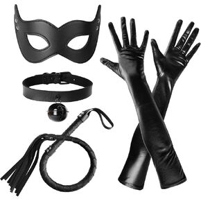 codree Halloween Cat Woman Costume Accessories- Black Cat Mask Cosplay Costume for Women- Faux Gloves Necklace Outfit Set