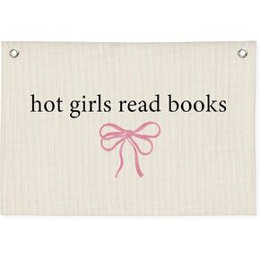 Reading Books Banner, Hot Girls Read Books Banner, Pink Bow Coquette Linen Banner Wall Hanging Banner Flag, Girls Room Wall Decor