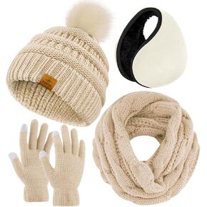 URATOT 4-In-1 Winter Warm Sets Knitted Scarf Touch Screen Gloves Beanie Pompom Hat and Winter Ear Warmer for Men or Women