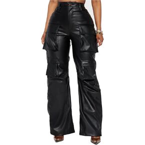 Women's Faux Leather Cargo Pants Baggy High Waist Wide Leg Y2K Trousers with 6 Pockets