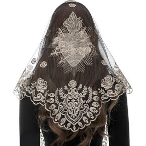 Bozidol Mantilla Veils for Church Catholic, Triangle Sacred Heart of Mary Embroidered Lace Chapel Veil Mass Head Coverings