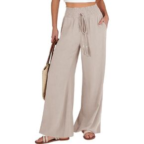 ANRABESS Women's Linen Palazzo Pants Summer Casual Vacation High Waist Wide Leg Trousers Trendy Lounge Pant with Pockets