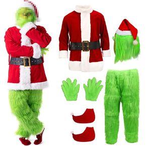 7PCS Adults Christmas Costume GBGrinches Green Big Monster Costume Santa Furry Christmas Costume Deluxe Outfit