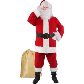 Santa Claus Costume for Men Deluxe Adult Santa Suit Professional Red Christmas Cosplay Outfit 10PCS Set