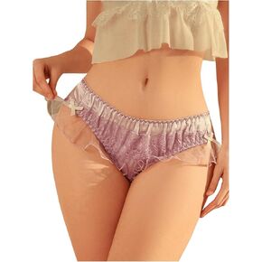 SHENHE Women's Satin Panty Mesh Ruffle Trim Floral Embroidered Smooth Bikini Underwear