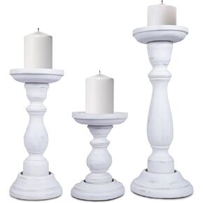 Mela Artisans Matte White Hand Carved Wooden Pillar Candle Holders - Set of 3 | Willow Decorative Style | Crafted from Mango Wood | Rustic Table Centerpiece Decor | Sized 6", 9" and 12"
