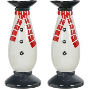 Set of 2 Christmas Hand-Painted Ceramic Large Candle Holders for Pillar Candles (Snowman)