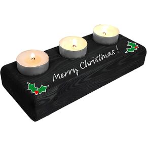 Holiday Sayings (Funny & Festive) Home Decor, 3 Tea Light Candle Holder, Deep Green Stained Wood (Espresso Brown, Peace On Earth)