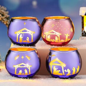 4 Pcs Advent Candle Holders Nativity Scene Candle Holder Christmas Votive Candle Centerpieces Glass Purple and Pink Tealight Candle Holders for Xmas Wedding Church Home Decor